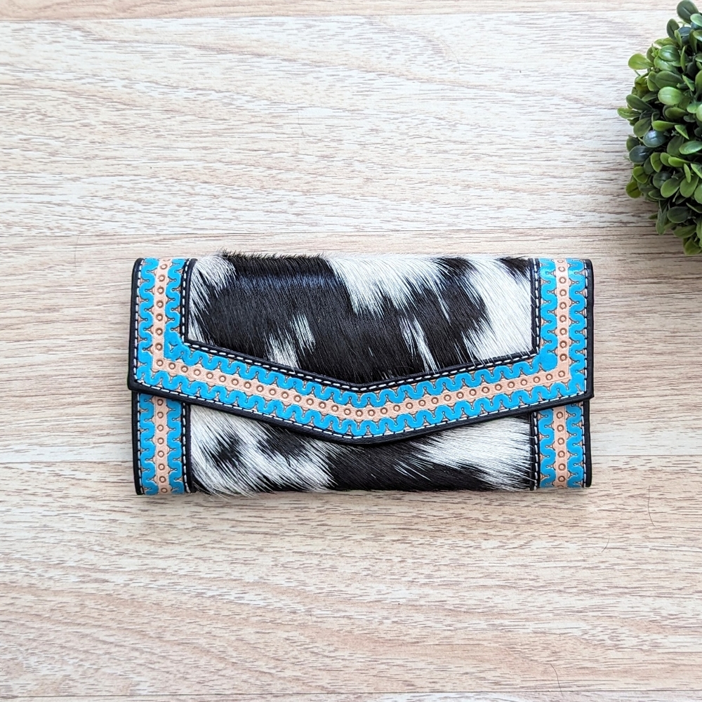 Genuine Cowhide and Leather Wallet with Turquoise Accents - Black